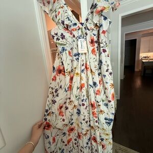 NWT Ro’s Garden Floral Ruffle Maxi Dress in Cream with Multicolor Print